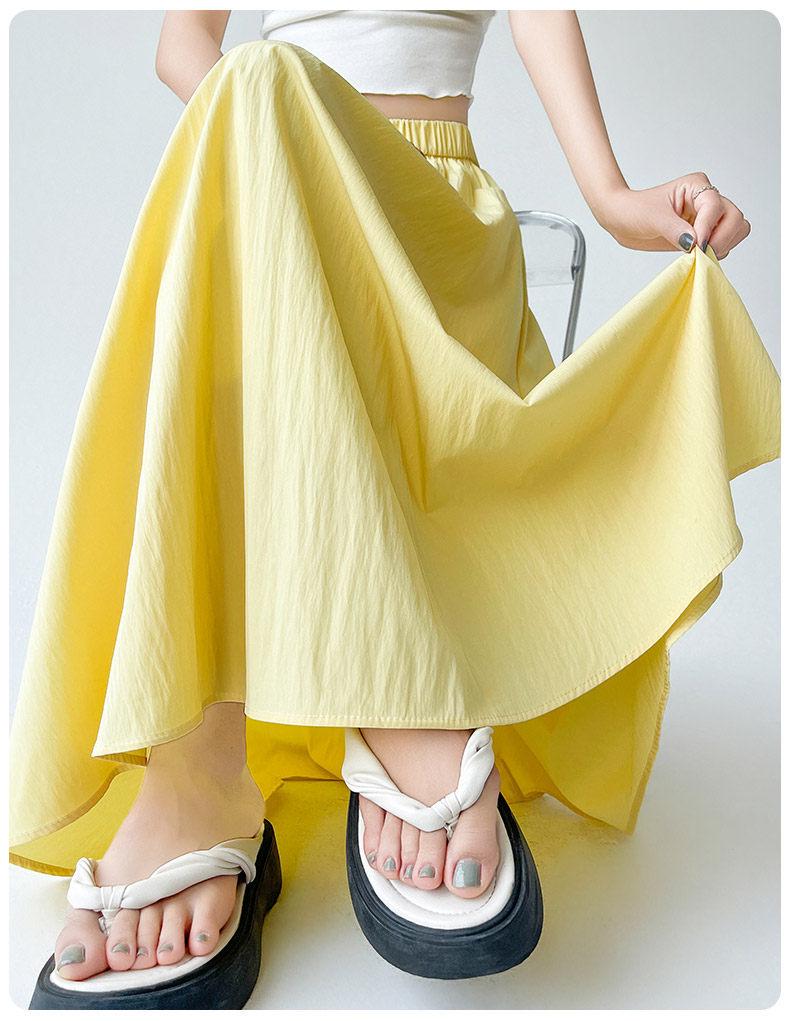 Women's Yellow High-Waist Ice Silk Pleated Long Skirt - Summer A-Line Slimming Design