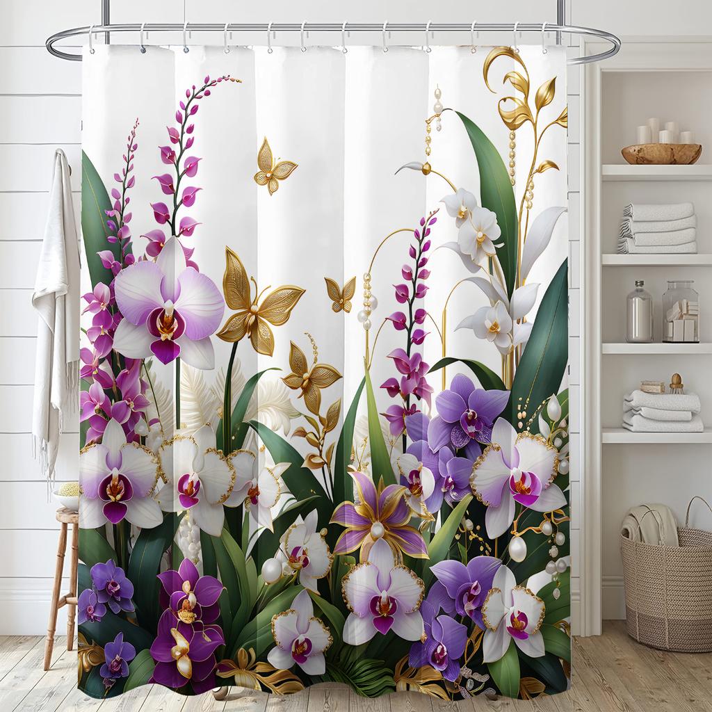 1pc white background purple flower pattern printed shower curtain, polyester fabric with hooks, simple style window and wall bat