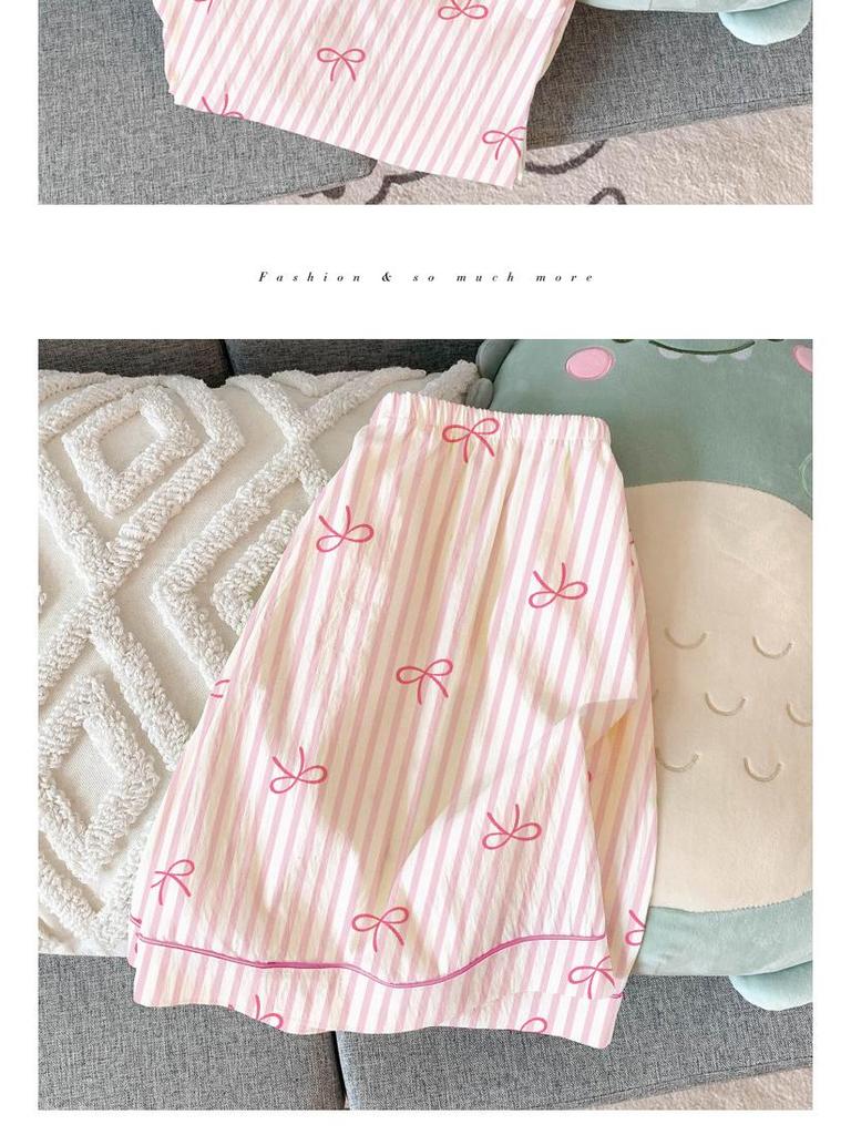 Sweet Striped Bow Print Korean Style Crinkle Pajamas Set for Women - Three-Piece, Short Sleeve Homewear.