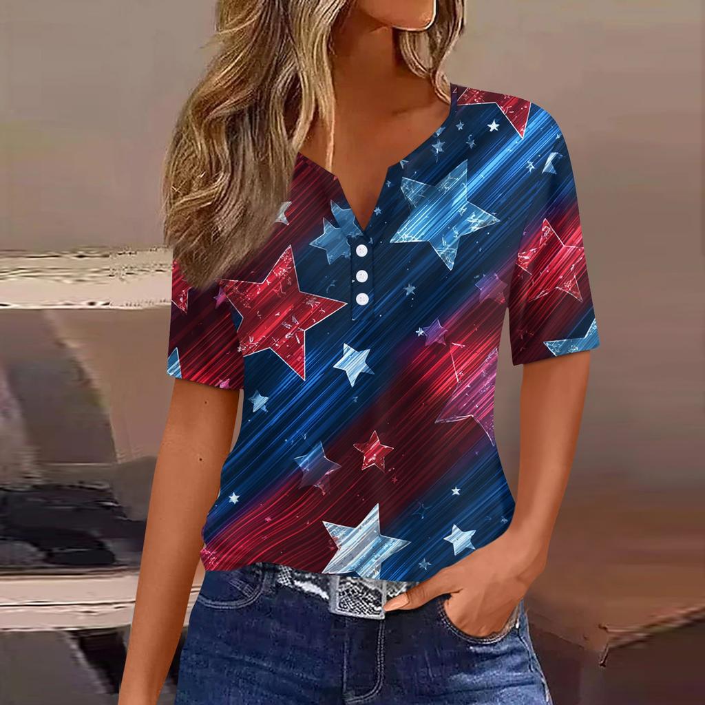 Women's T Shirt Independence Day Print Button Short Sleeve Daily Weekend Fashion Basic V- Neck Regular Top