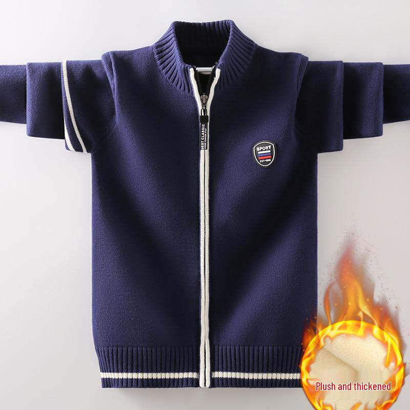 Boys' & Girls' Zip-Up Baseball Jacket, Fleece-Lined Knitted Cardigan for Kids, Spring/Autumn Style