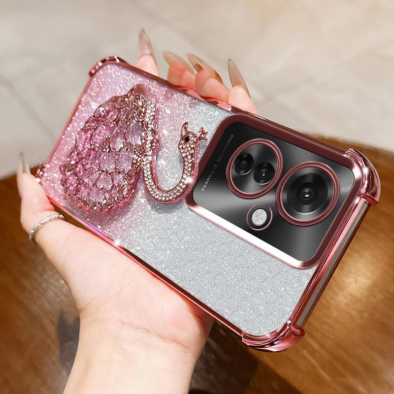 KEYSION Shockproof Plating Phone Case for OPPO Reno11 F 5G Clear TPU Glitter Jewelled Swan Kickstand Back Cover for OPPO Reno11F 5G