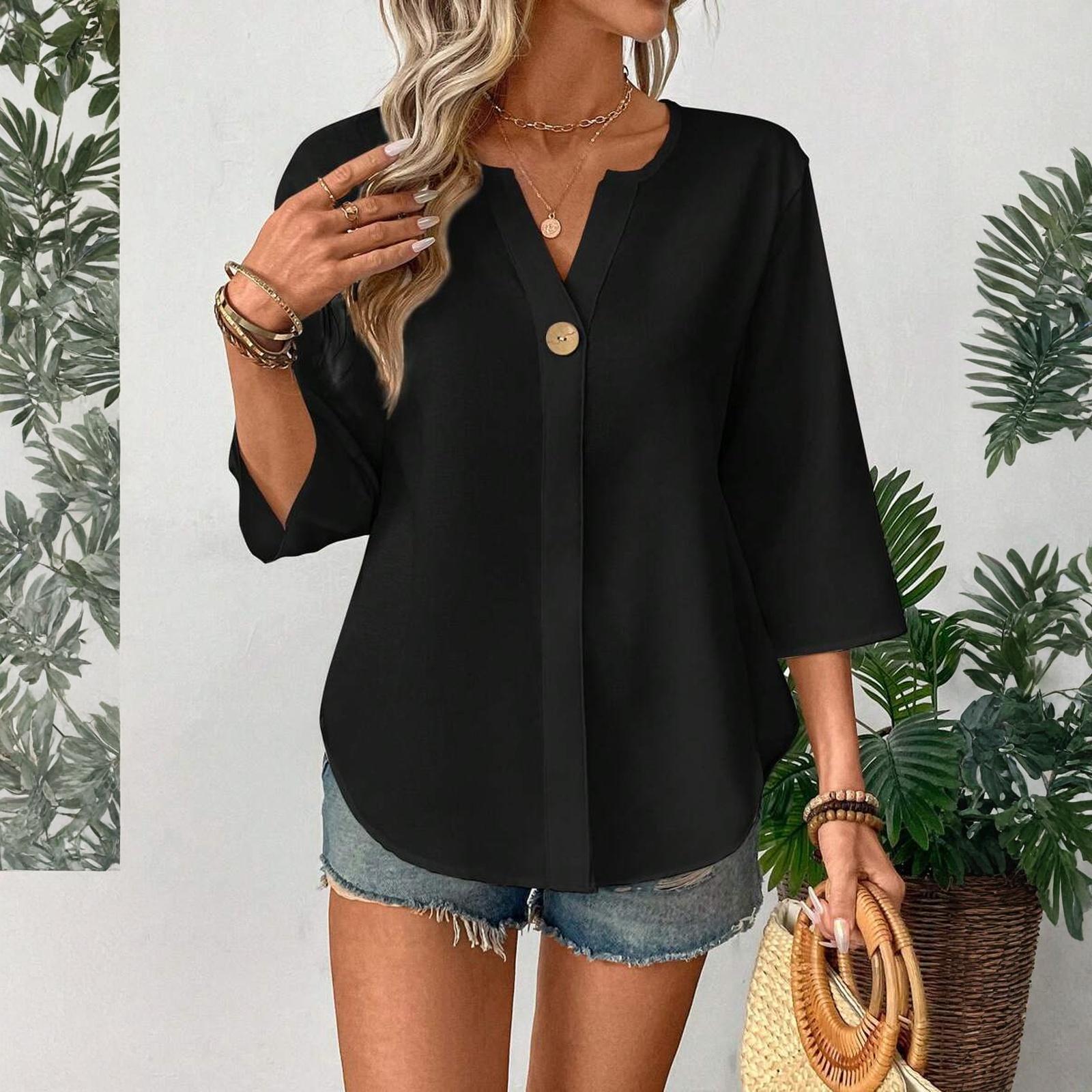 Women s Three-Quarter Sleeve Casual Cotton Linen Button-Up Shirt S чёрный