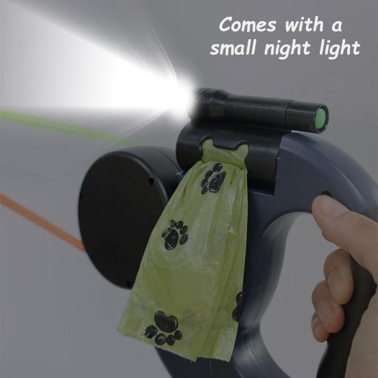 Podwójna smycz automatyczna dla psa, wytrzymała, z podwójną głowicą, obracana o 360 stopni i ze światłem LED dla psów małych, średnich i dużych