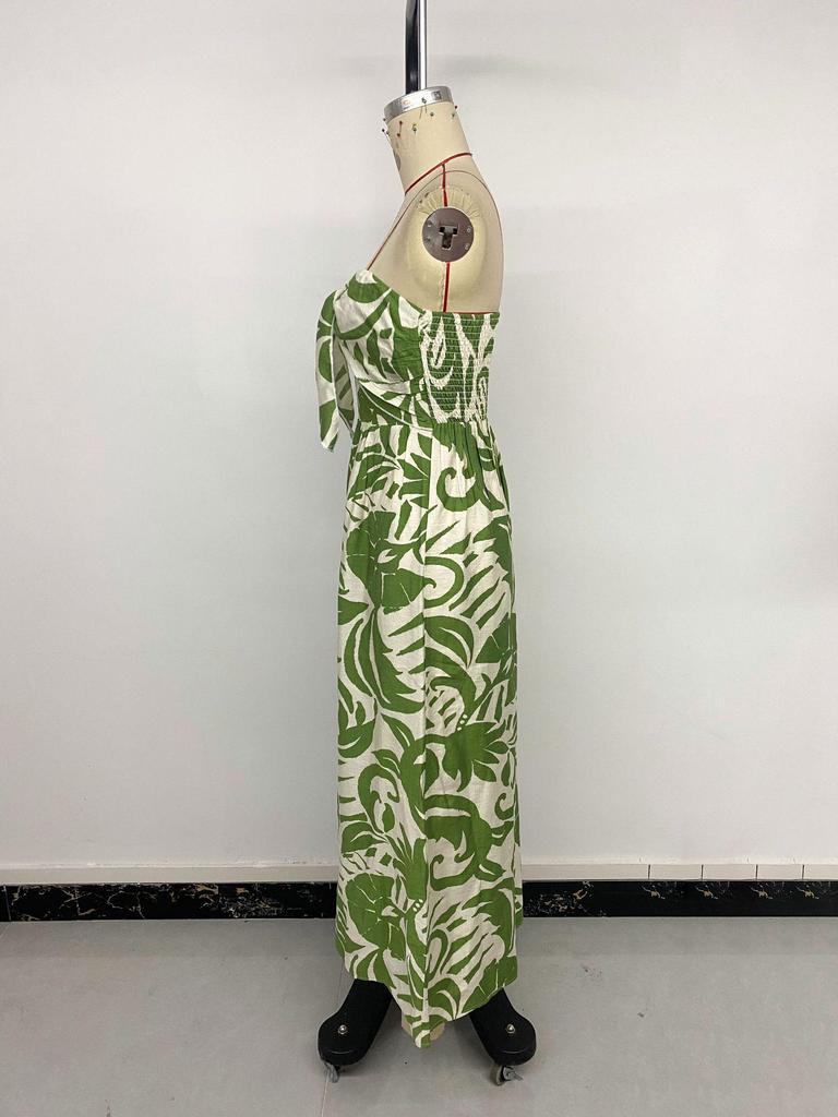 2026 Summer Strapless Green Leaf Print High-Waist Wide-Leg Jumpsuit - Fresh Vacation Style