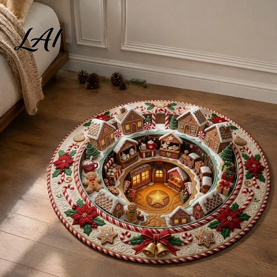 Christmas Floor Mat Round 3D Rug Optical Illusion Area Santa Claus Gnome Quilted-Like Patterned Rug Anti-slip Washable for Living Room Bedroom