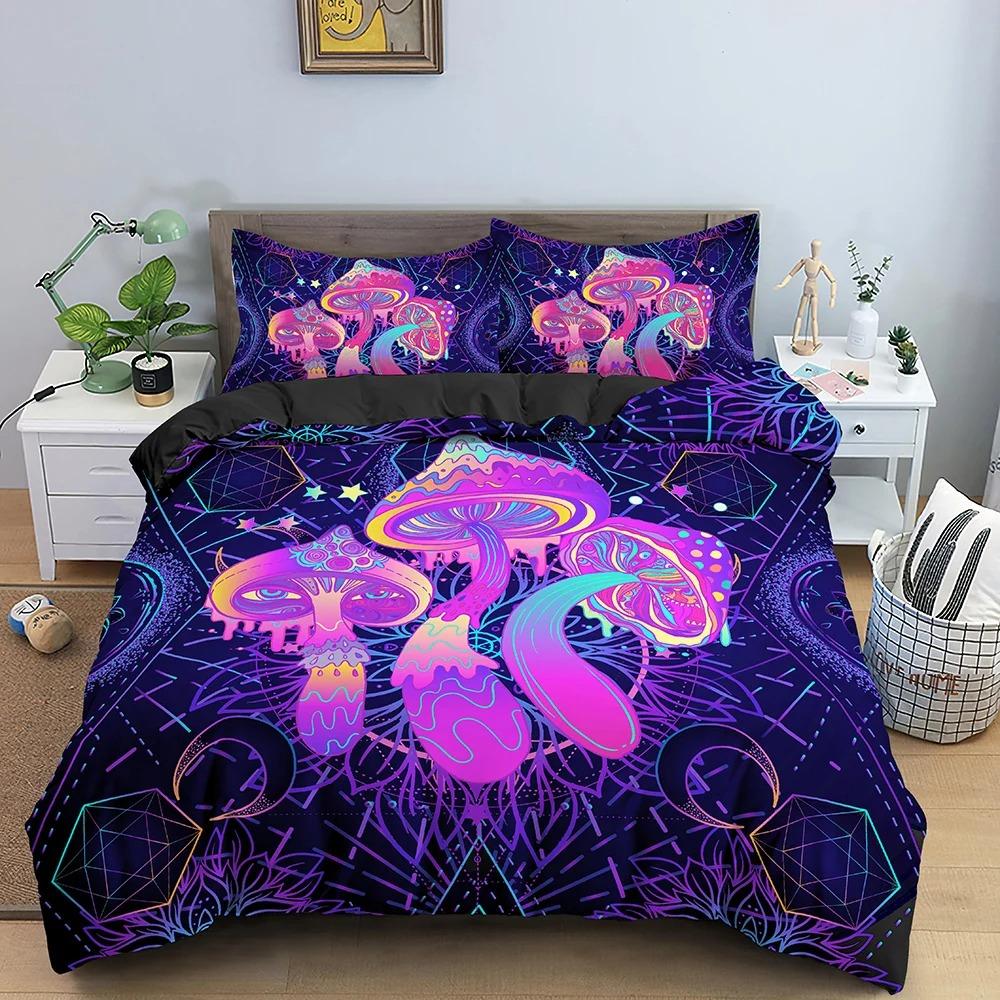 Psychedelic Mushroom Duvet Cover Boho Exotic Cartoon Gradient Mushroom Bedding Set Nature Fungus Comforter Cover for Boys Girls