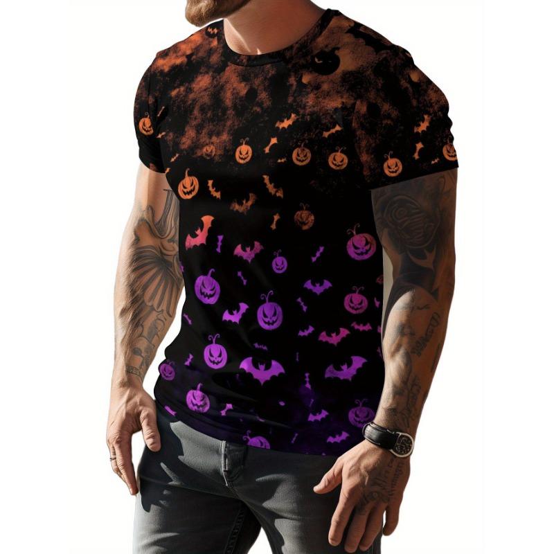 Herren Halloween 3D Kürbis Fledermaus Bedrucktes T-Shirt Lässiges Kurzarm Rundhals Oberteil Cool Gruselig Jack-O-Lantern Orange Lila Grafik Sommer Streetwear T-Shirt