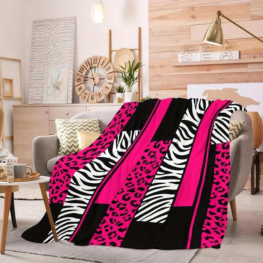 Pink Leopard Print Flannel printed blanket suitable for all seasons suitable for living room office sofa and travel