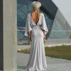 Dames Geplooide Bootnek Bruiloftsgast Jurk, Backless Vleermuis 3/4 Mouw Bodycon Lange Jurk, Formele Feest Cocktail Prom Jurk