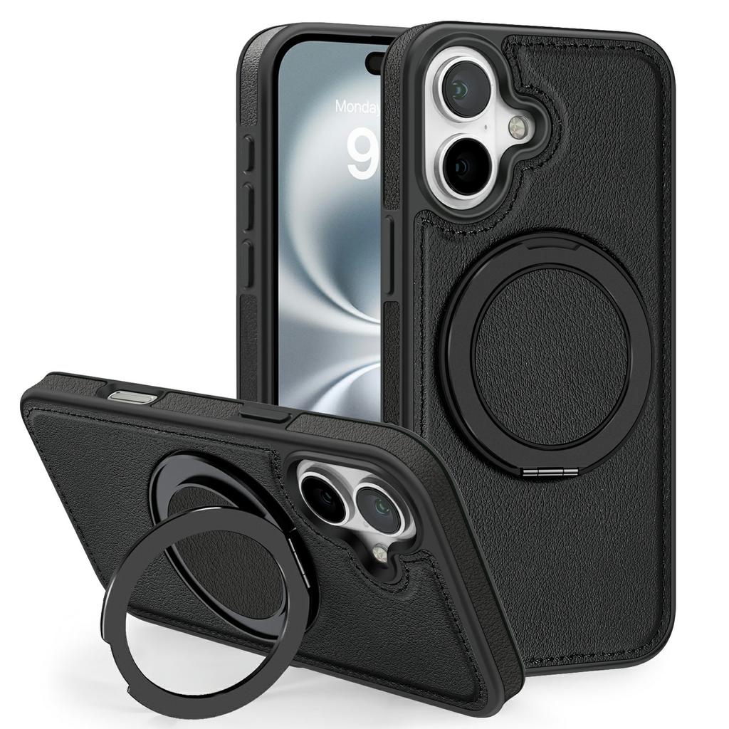 For iPhone 17 Case with Ring Kickstand Compatible with MagSafe PU Leather Back Cover