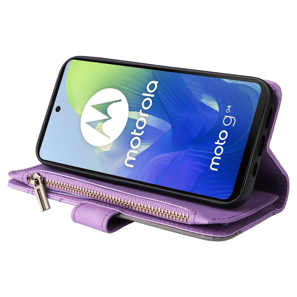For Motorola Moto G04 4G/G24 4G/G04s 4G/E14 4G Leather Case with Strap Zipper 9 Card Slot Phone Cover Stand
