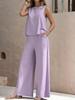 Versatile Two-Piece Set: Round Neck Sleeveless Top & Wide-Leg Pants - Casual Solid Color Ensemble
