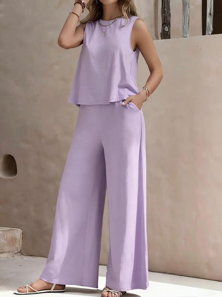 Versatile Two-Piece Set: Round Neck Sleeveless Top & Wide-Leg Pants - Casual Solid Color Ensemble