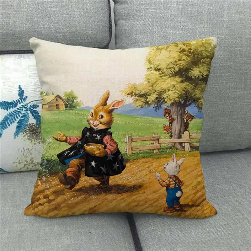 Happy Home Pillowcase Funny Rabbit Easter Egg Print Cushion Cover Pastoral Cartoon Hare Pattern