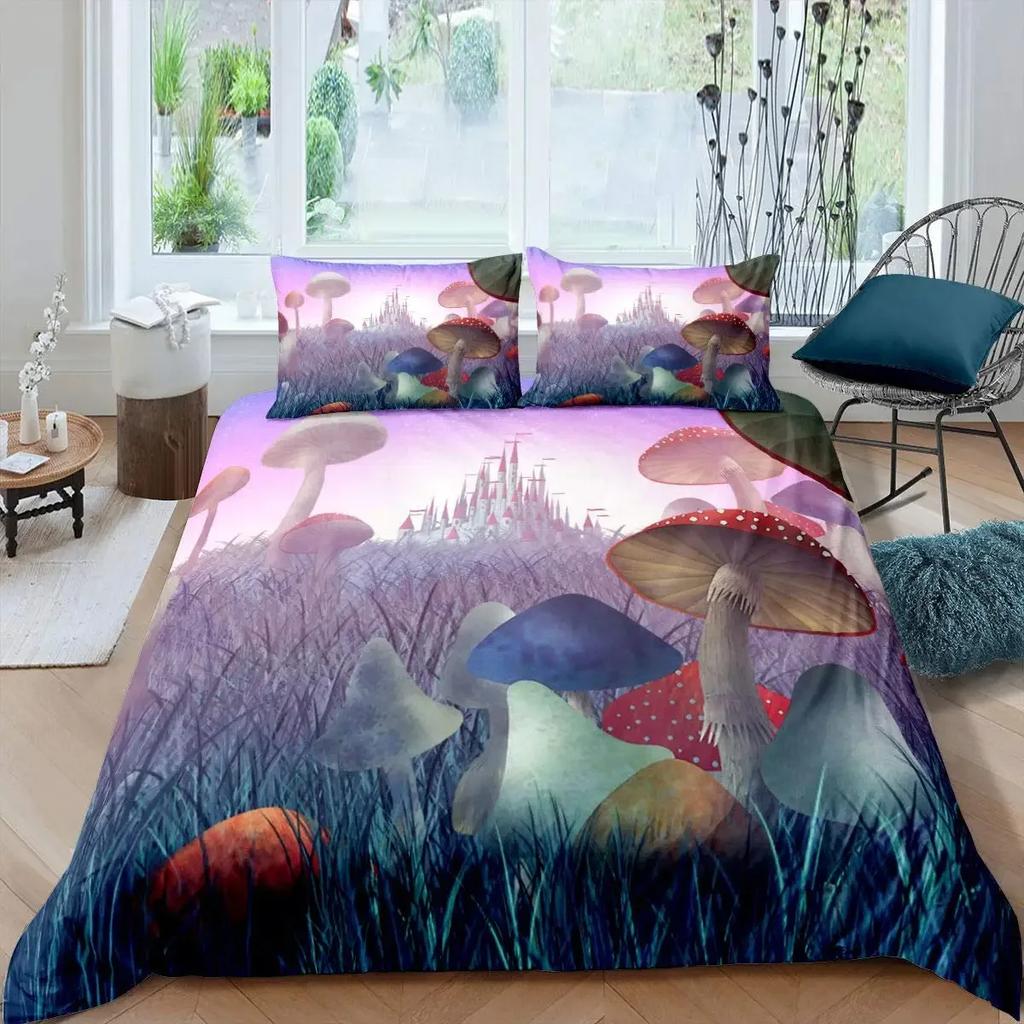 Funda nórdica de bosque de hadas y setas, juego de cama de planta de hongo de dibujos animados liliputiense mágico, funda de edredón de poliéster de jardín de fantasía