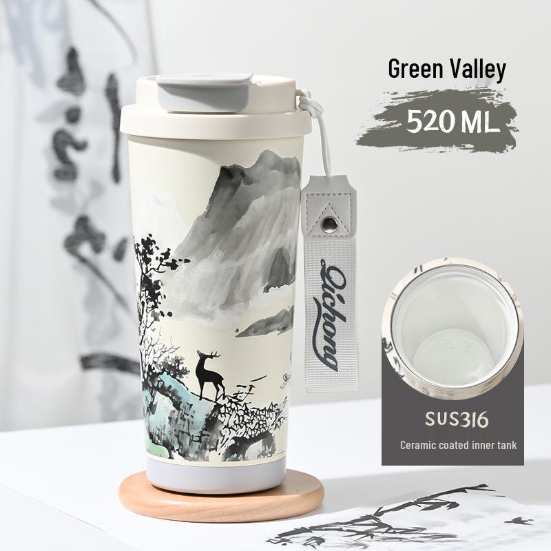 Guochao Double-Walled Coffee Cup with 316 Stainless Steel Liner, Ceramic Thermos, Portable Business Gift.