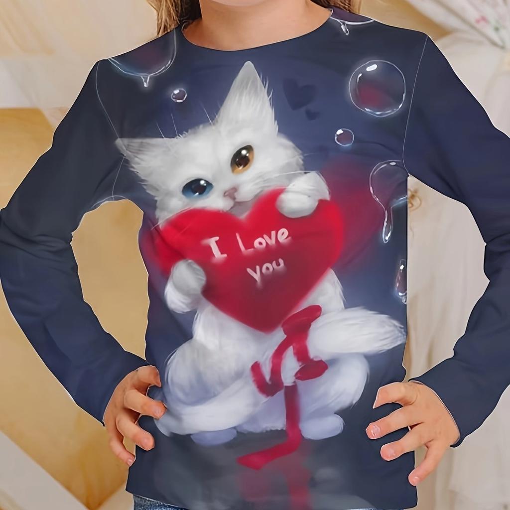 Children's Clothing Girl T-Shirts Long Sleeve Child T Shirt Cartoon Round Neck Cat Print Casual Kids Summer Clothes Girl Top Tee