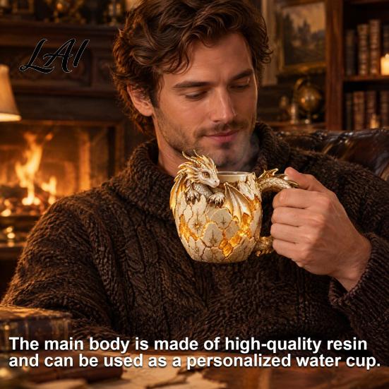 Tabletop Display Ornament Fantasy Dragon Egg Mug Stainless Steel Liner 3D Relief Baby Theme Party Props Coffee Cup Realistic Resin Desktop for Home