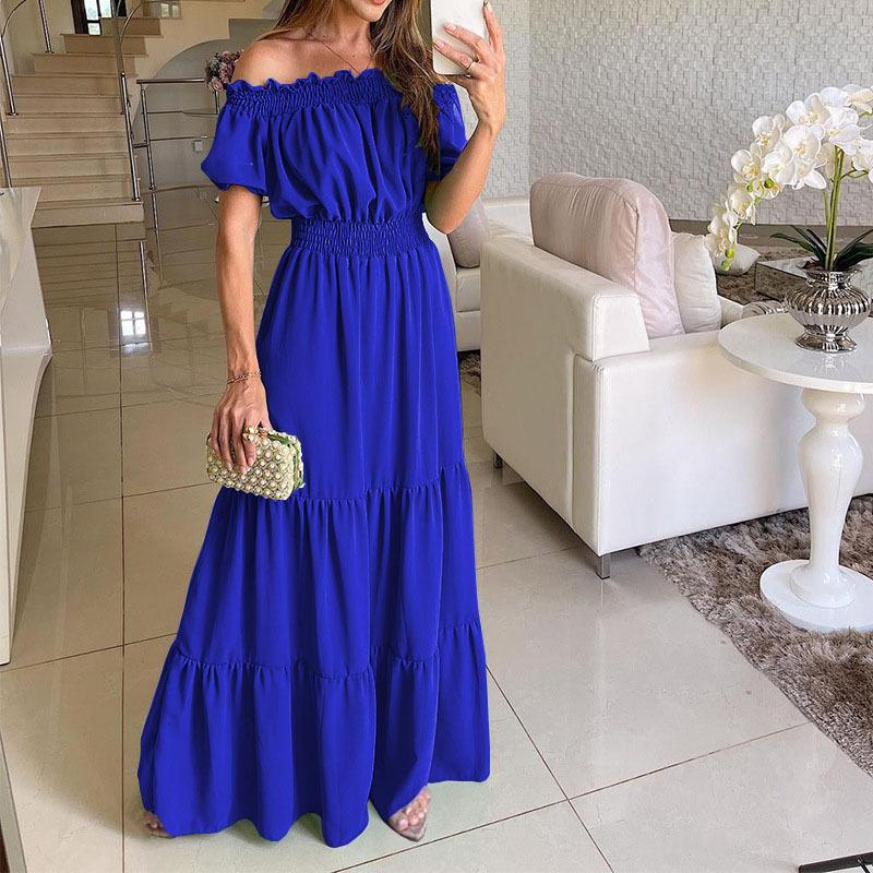 Off Shoulder Maxi Dress Short Sleeve Smocked Elastic High Waist Tiered Ruffle Flowy A-Line Casual Beach Vacation Daily Wear Solid Color Long Dress