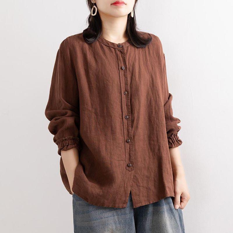 Summer Cotton and Linen Shirts Women's Lantern Sleeves Retro Literary Tops Large Size Loose Medium-sleeved Shirts Women