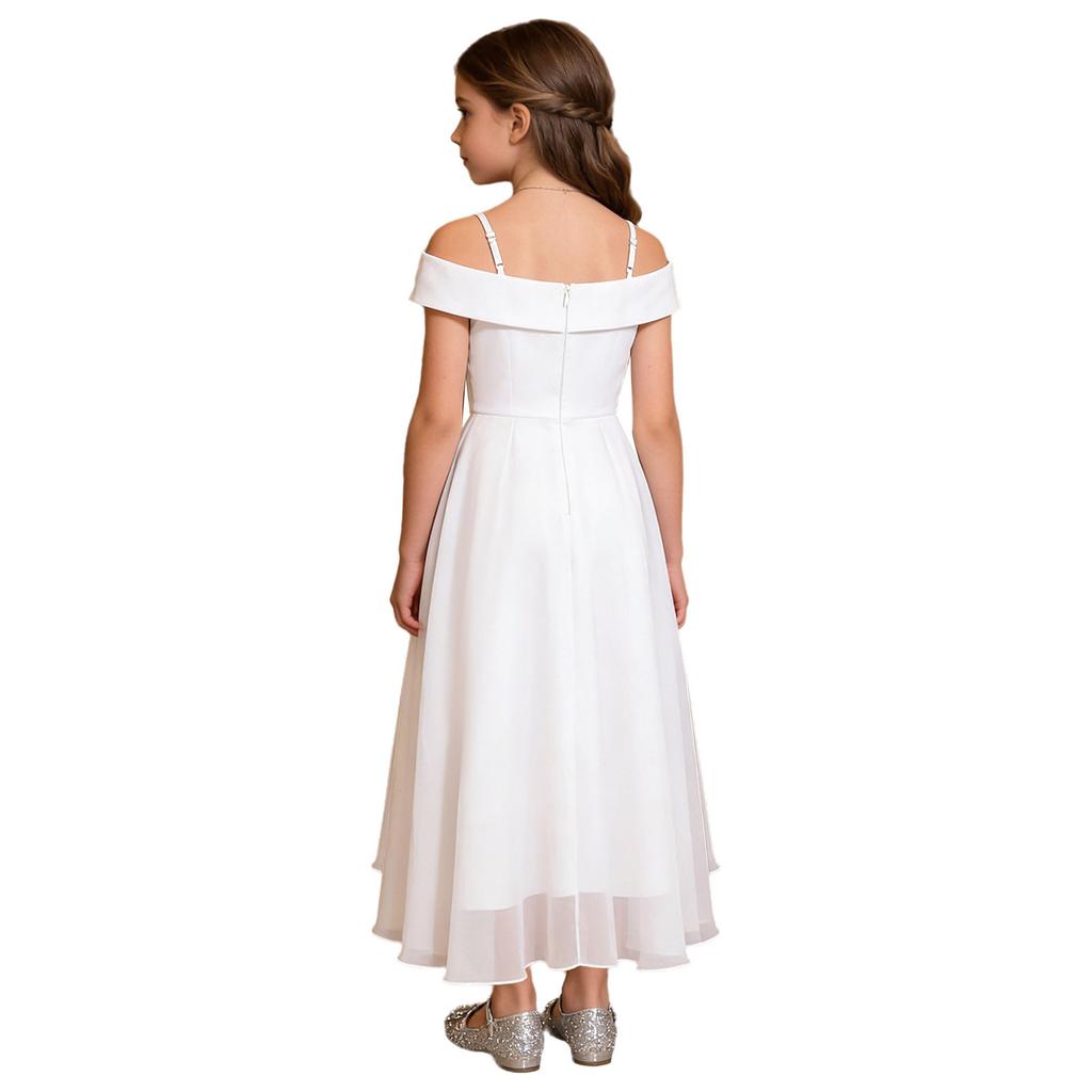 Girls Elegant Chiffon Party Dress Off the Shoulder Spaghetti Strap Adjustable A-Line Floor Length Gown