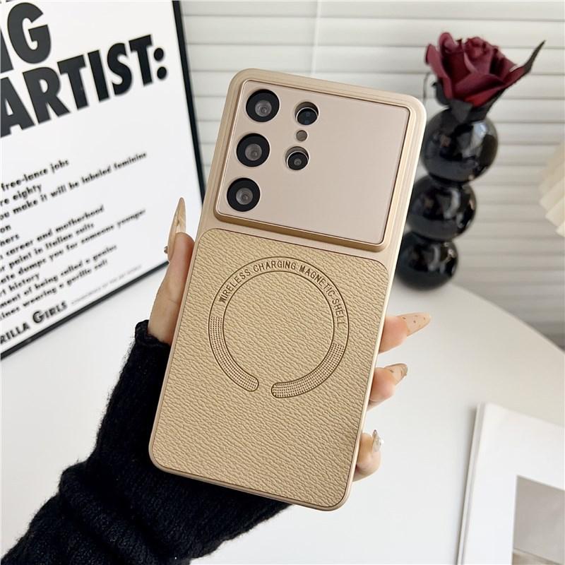 Applicable To Samsung S26Ultra Mobile Phone Case S25plus Lychee Pattern Anti-drop S24 Magnetic Suction Thin Ring Protective Case