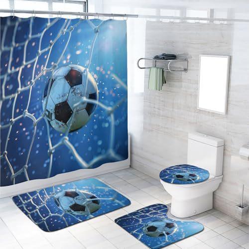 4-Piece Football Shower Curtain Set Football Boys Sports Theme Blue Flame Bathroom Decorative Curtain Set