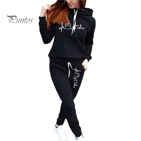 Women Tracksuit 2Pcs/Set Long Sleeve Drawstring Pockets Elastic Waist Mid-rise Casual Autumn Winter Heartbeat Print Hooded Sweatshirt Pants Set Sport