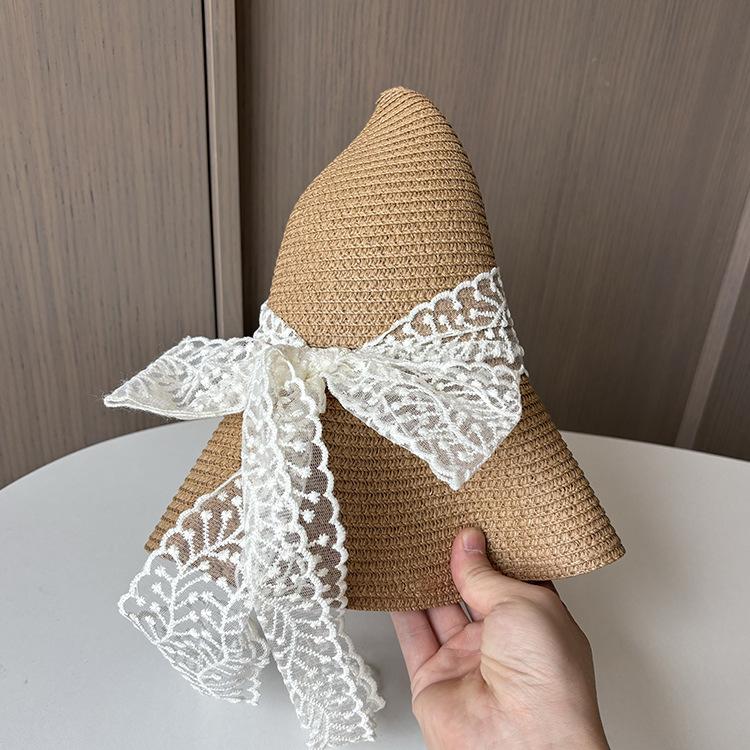Lace Bow Straw Woven Fisherman's Hat Women Summer Travel Sun Protection Sun Hat Seaside Beach Hat Straw Hat