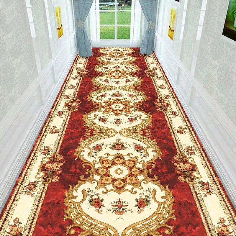 Red European Luxury Easy Clean Long Corridor Carpet Non-slip Lint-free Classical Hallway Rug Wedding Soft Passageway Floor Mat