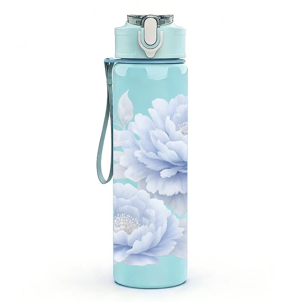 1PC White Rose Soft Floral Art Print 750ml Color Plastic Sports Water Bottle Leakproof Flip Straw Lid Suitable for Sports Office Home Use