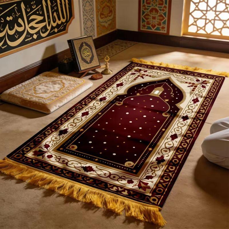 Muslim Prayer Mat Wine Red Floral Mosque Print Tassel Sejadah Foldable Portable Worship Rug Ramadan Eid Home Carpet