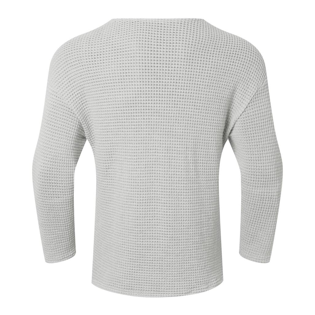 Spring Men's Fashion Knit T-Shirt Solid Color V-Neck Long Sleeve Leisure Streetwear Popular Hollow Out Loose Tees