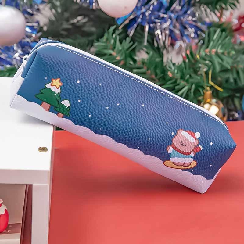 1 Piece Cute Cartoon Christmas Pencil Case Bag Key Chain Pu Large Capacity Coin Wallet Case Pouch Bag School Supplies Gift