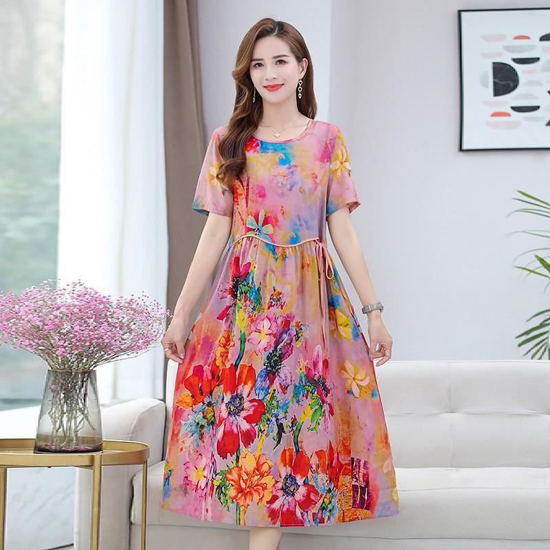 

Летнее модное платье из шифона с принтом для женщин среднего возраста - Короткий рукав, Миди 5XL (suggested 143-155 jin) цветочный/красный