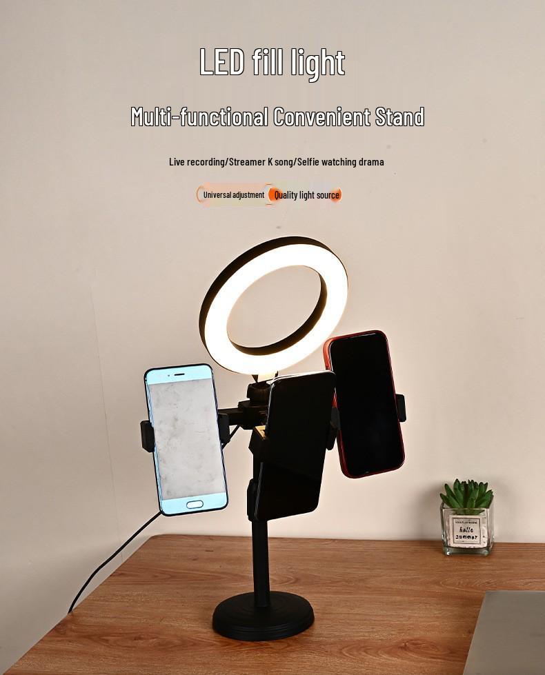 Dual-Machine Desktop Fill Light for Mobile Streaming: Phone Holder with Beauty Ring Light