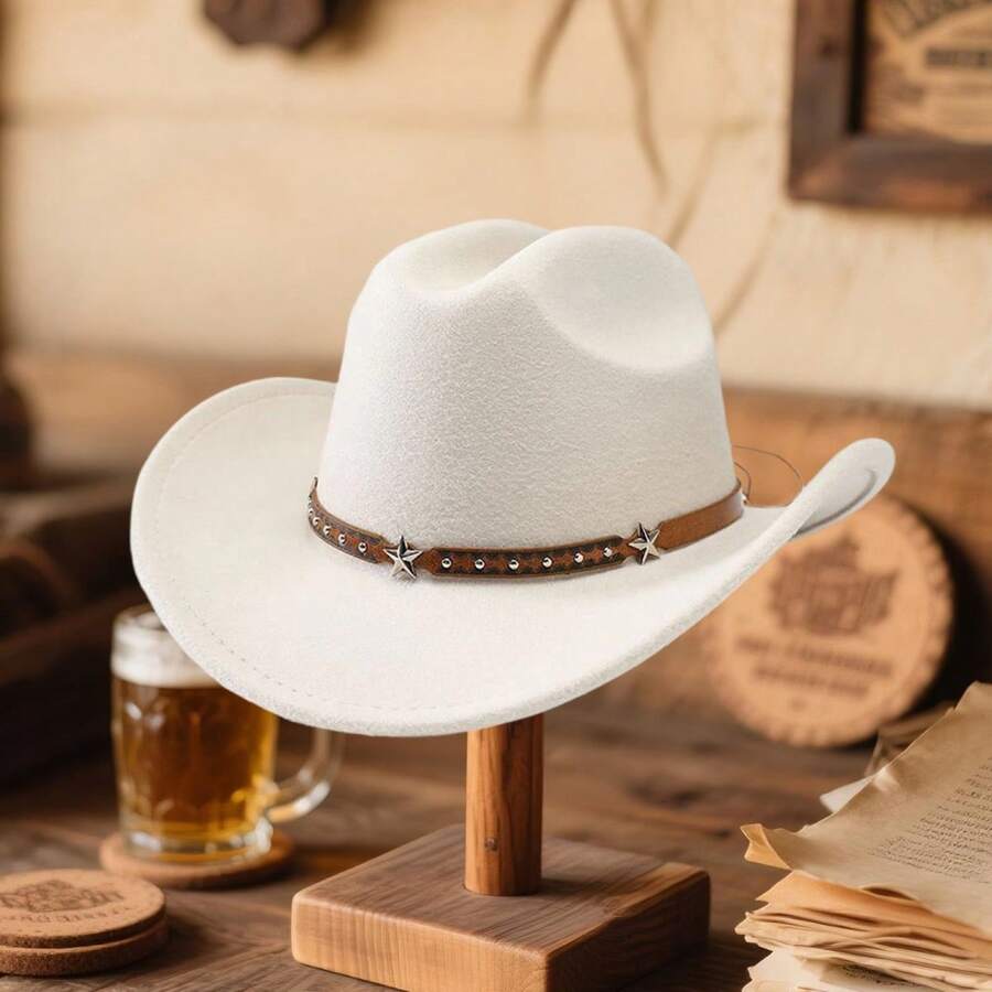 Unisex Western Cowboy Hat With Star Studded Leather Belt Wide Brim Felt Fedora For Men Women