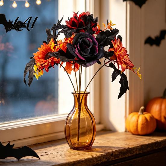 Fake Maple Leaf Decor Halloween Artificial Flower Fall Faux Sunflower Rose Bouquet with Black Maintenance Free Flowers Leaves Autumn Floral