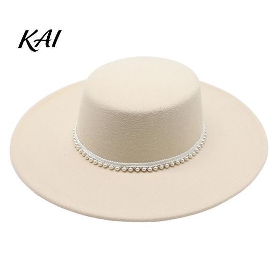 Luxury Faux Pearl Trimmed Hat Wide Brim Wool Felt for Women, Vintage Flat Top Fedora with Trim, Elegant Winter Cap Autumn Fashion Accessories Stylish