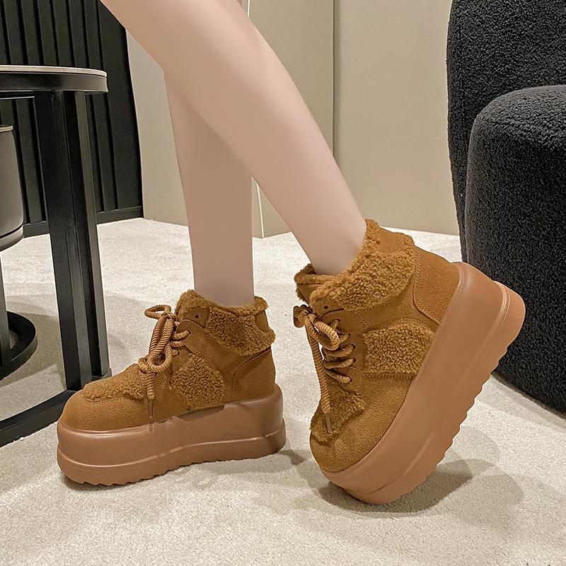 Cizme de zăpadă calde la modă pentru femei 2024 pantofi căptușiți din bumbac cu pluș de iarnă femei cu toc înalt 7 cm pantofi din piele cu platformă gros