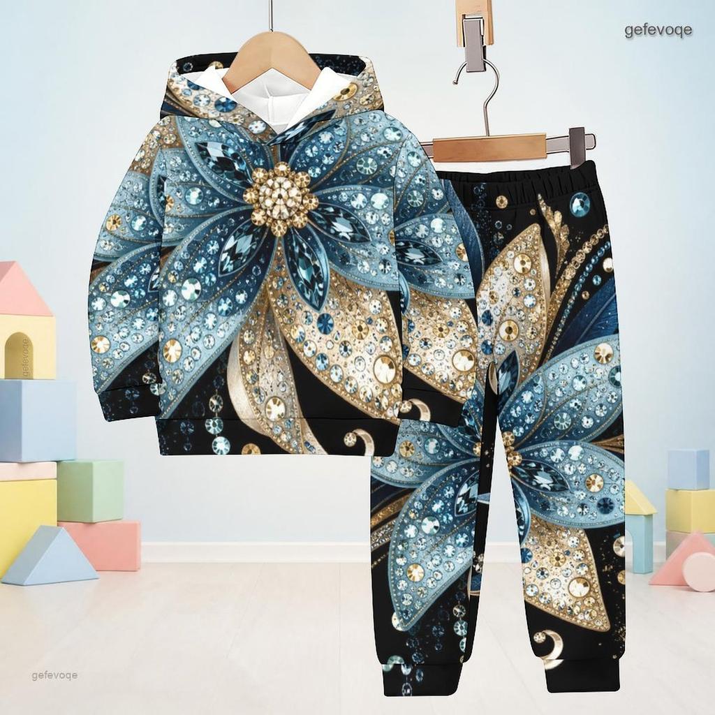 Boys Girls Black Floral Printed Hooded Long Sleeve Sweatshirt Cuffed Pants Two Piece Set