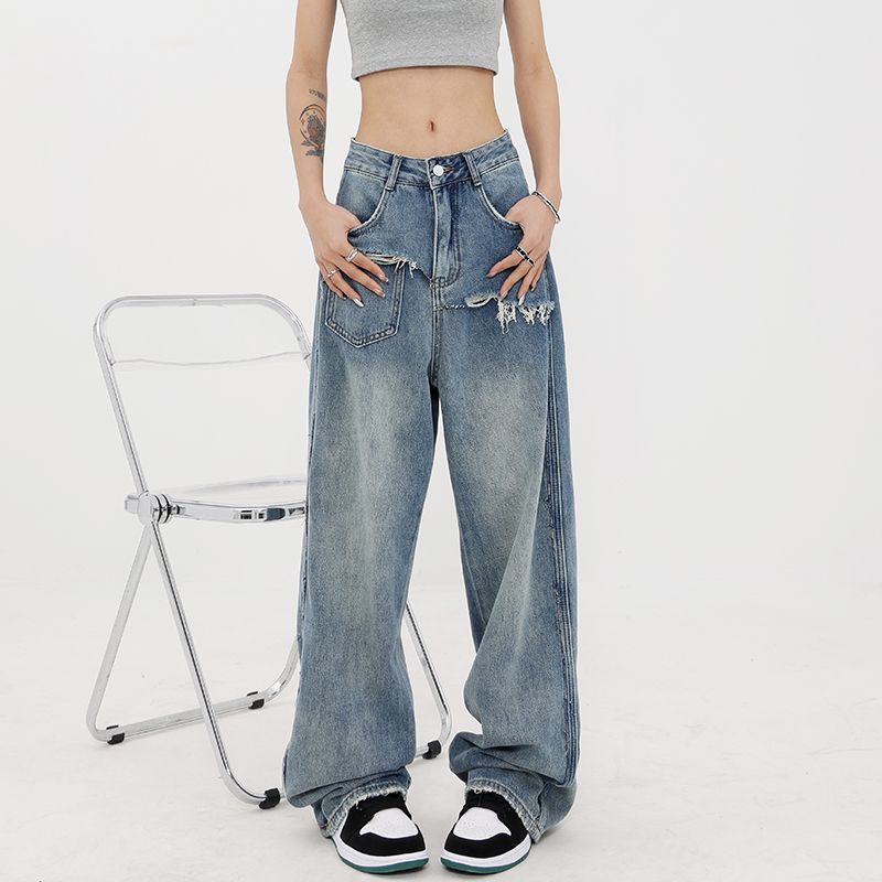 Design Sense Retro Wide Leg Jeans for Women's New High Waisted Slimming Narrow Straight Leg Floor Mop Pants
