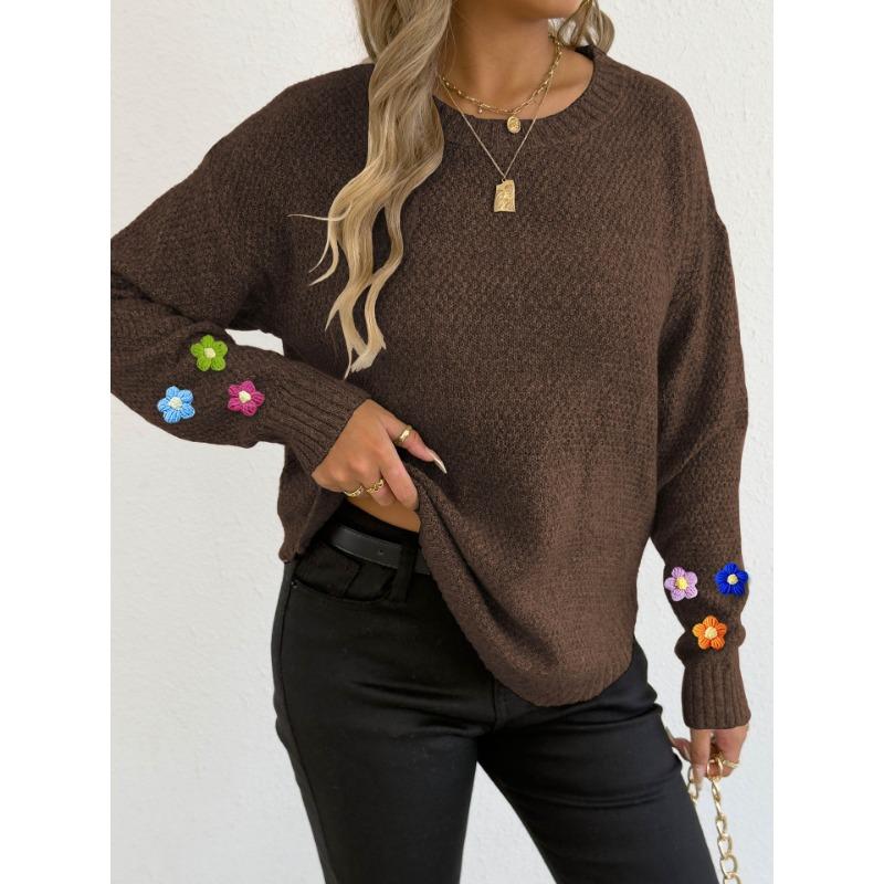 Women European Size Long Sleeve Crew Neck Crochet Flower Patchwork Pullover Sweater