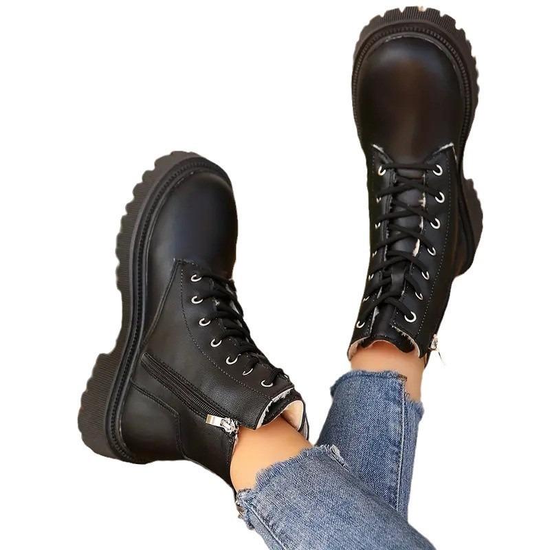 Große Samt-Martin-Stiefel für Damen Herbst und Winter neue Mode vielseitige Lokomotiv-Kurzstiefel dicksohlige Lederstiefel für Damen