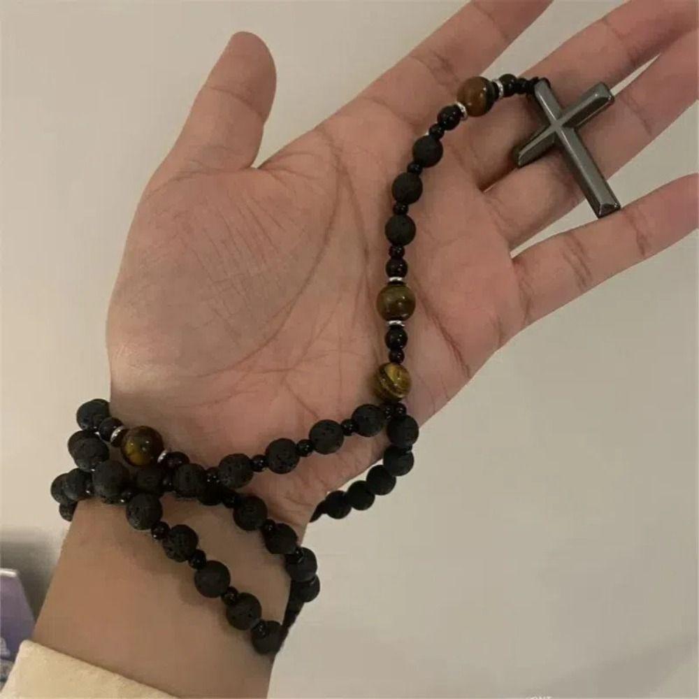Charm Beaded Long Necklace Cross Pendant Rosary Neck Jewelry Tiger-eye Beads Necklace  Decoration