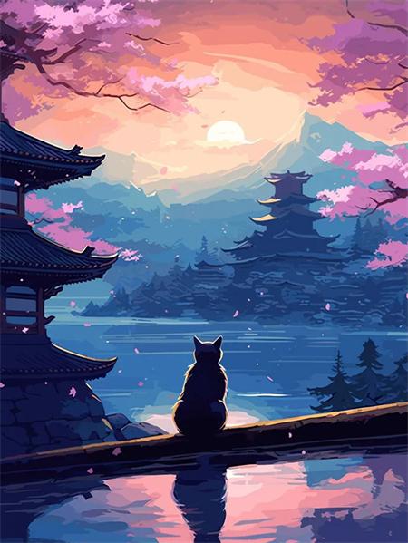 5D Diamant Malerei Neuheiten Katze Tempel Voll Platz Runde Stickerei Mosaik Sonnenuntergang Landschaft Home Decor