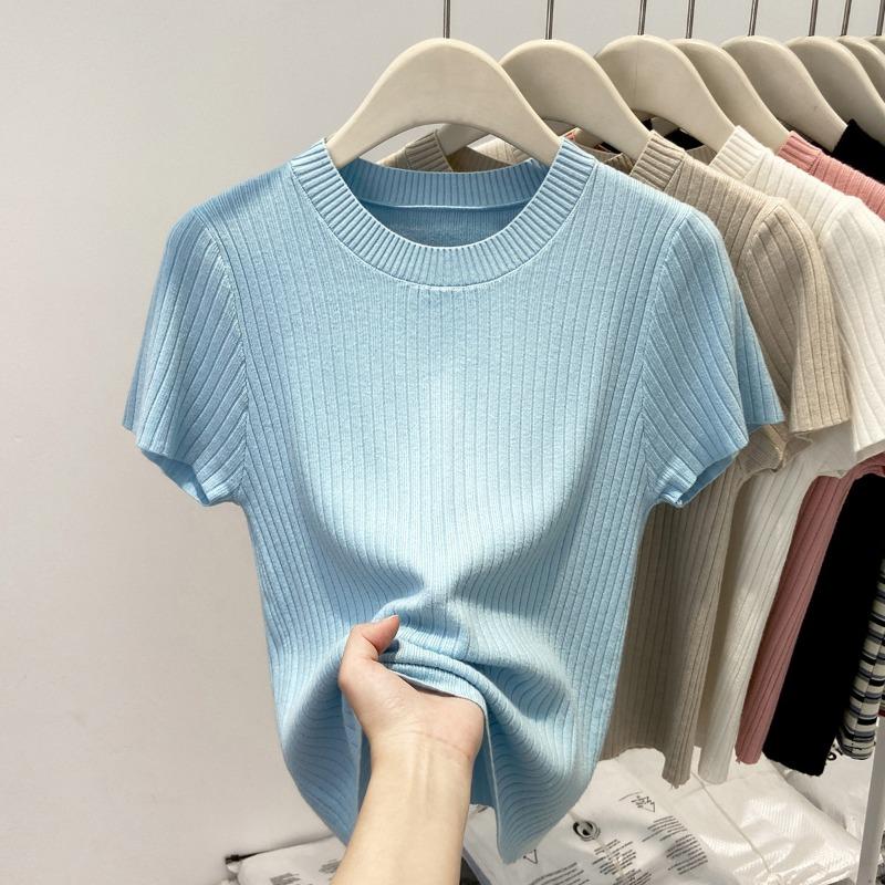 Gentle wind pit strip round neck with knitted short-sleeved women's summer soft waxy and thin solid color temperament bottoming top