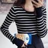 Casual Versatile Autumn U-neck Striped Long-sleeved Knitted Sweater Women's Thin Bottoming Shirt Short Top