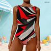 Women Plus Size High Round Neck Sleeveless Printed One Piece Swimsuit Red Black White